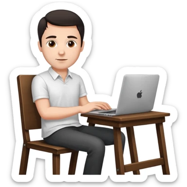 Rich man working setting on a chair in shirt, dark hair, and near the desk with laptop he is german very beautiful looks like sticker