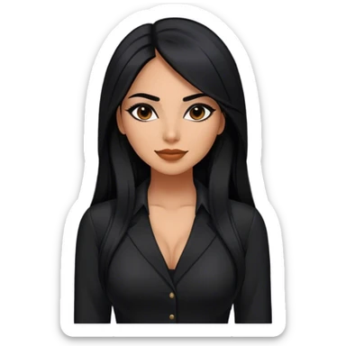 beautiful woman boss, with long straight black hair, with make up, black eye liner, smile, mexican, brown skin, wearing beautiful sexy black outfit, she has a shy attitude  sticker