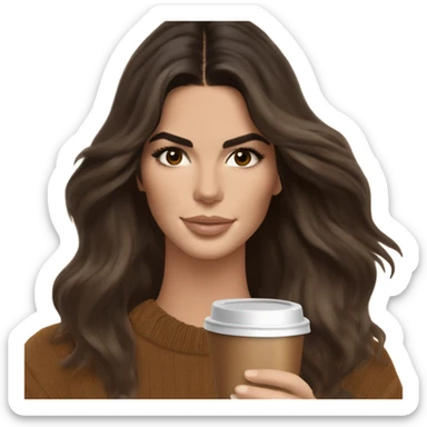 brunette Kendall Jenner with soft and shiny and long and brown hair her eyes brown and sipping coffee Her hair is wavy and shiny With brown sweater just one  sticker