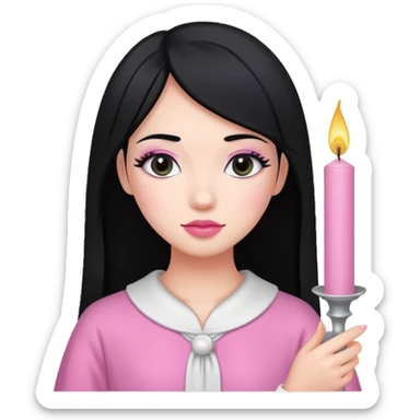 A gurl with black hair pink cloth make up holding a white candle sticker
