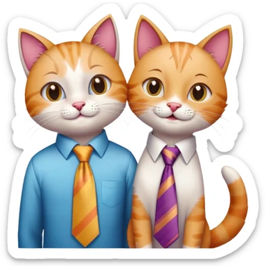 happy girl cat with eyelashes wearing a colorful necktie and happy boy cat wearing a professional necktie standing together and holding paws, both with loving expressions sticker