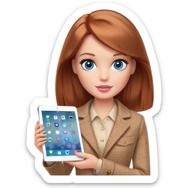 A Barbie girl with blue eyes, shoulder-length reddish-brown hair, made-up, wearing a beige tweed jacket and a beige skirt,  with a iPad sticker