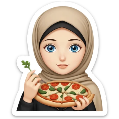 Turkish beautiful finish Konya girl blue eyes with beige and black hijab islamic dress and eating with her hand a slice of vegetable pizza  sticker