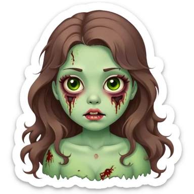 Zombie girl, long wavy brown hair, big doe brown eyes, cute chubby cheeks and lips, coquette / kawaii style, green zombie skin, bruises sticker