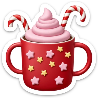 hot chocolate with pastel pink marshmallows in red christmas mug with stars and candy cane, trendy aesthetic sticker