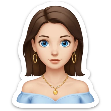 A pretty white girl with brunette hair blue eyes  thin gold hoop earrings and a matching gold necklace in a white shirt that cuts off the shoulders sticker