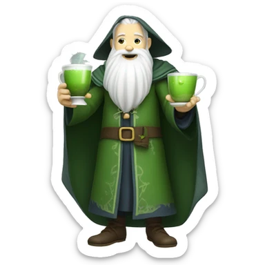a wizard with a white beard drinking matcha tea. His full body is shown sticker