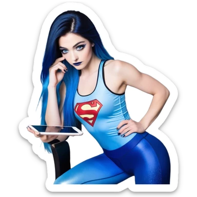 Shameful-head tilted-texting on phone-very very very large upper body-sexy face-bending forward at waist-very long very straight dark blue to light blue ombre hair-and-blue eyes-thick black eyeliner-thick long eyelashes-iridescent blue lowcut tanktop with black leggings with glitter superman logo sticker