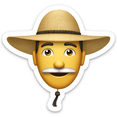 A generic emoji face with horizontal lines for eyes and a droopy horseshoe mustache, slightly smiling, wearing a traditional oriental rice hat sticker