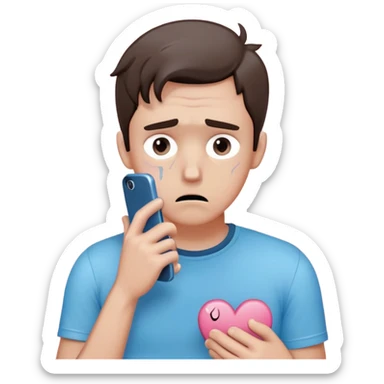 anxious man with wide worried eyes and slightly frowning mouth overthinking with sweat drops, a cracked heart symbol nearby, holding a phone in hand, body posture tense and reaching forward showing fear of abandonment, minimal soft rounded design with gentle blue and pink colors sticker