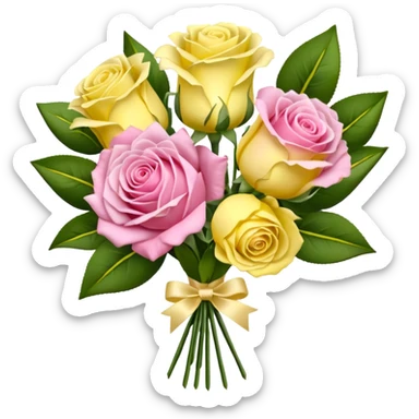 A mixed bouquet of four flowers, featuring pink roses and yellow lisianthus. sticker