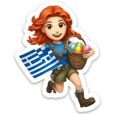 Female mountaineer red hair climbing with Greek flag and holding Easter eggs basket sticker
