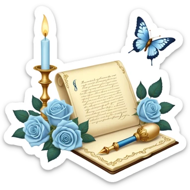 A dreamy, romantic scene of a candle-lit desk with an open love letter, a feather quill dipped in golden ink, an ornate perfume bottle, and a bouquet of pale blue roses resting beside a pearl-adorned butterfly.
 sticker