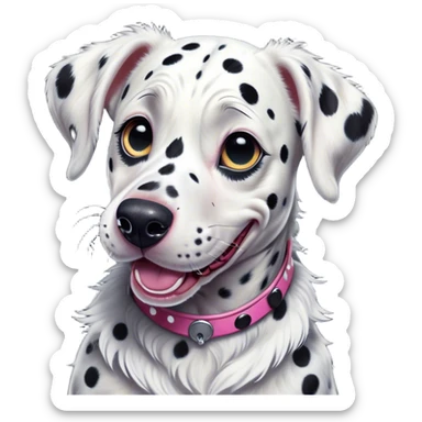 Cinematic Comical Spotted Dalmatian Portrait Emoji, Head tilted dramatically with an exaggeratedly shocked or amused expression, featuring a striking Fur of predominantly white with vivid black patches, wide, expressive eyes filled with playful disbelief, Simplified yet hilariously expressive features, highly detailed, glowing with a slightly sassy glow, high shine, dramatic yet playful, stylized with an air of cheeky charm, bright and endearing, soft glowing outline, capturing the essence of a spirited and over-the-top guardian, so meme-worthy it feels like it could side-eye its way into internet fame instantly! sticker