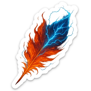 fiery phoenix feather, crackling with lightning, electric blue highlights, magical energy, detailed, vibrant, fantasy art sticker