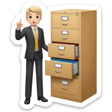 A person in business attire pointing to a tall filing cabinet, indicating document organization. sticker