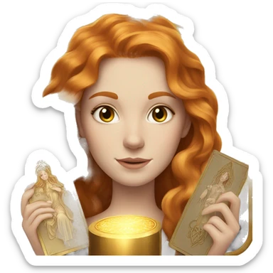 beautiful white girl with long ginger hair, light brown eyes and holding gold tarot cards  sticker