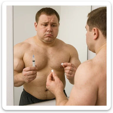 realistic beginner bodybuilder in front of mirror holding a syringe of testosterone and a pill of aromatase inhibitor, uncertain look, swollen muscles but puffy face, white background, 4K quality sticker