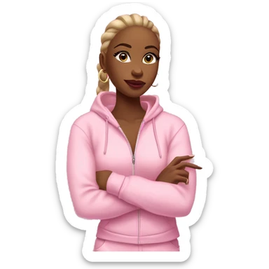 Girl emoji: pink tracksuit, hoop earrings, pink lips, lashes, nails. Poses: peace sign, nails, phone, arms crossed. full body standing sticker