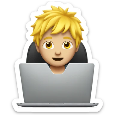 boy with yellow hair typin on laptop sticker