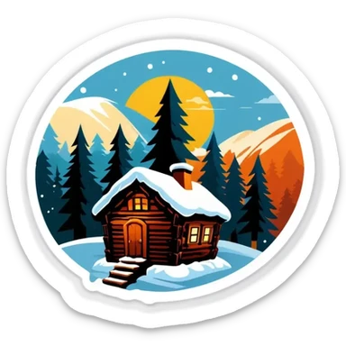 Eine Hütte im Wald mit einer Glaskuppel auf dem Dach, Winterlandschaft, Schnee und Nordlichter am Himmel sticker