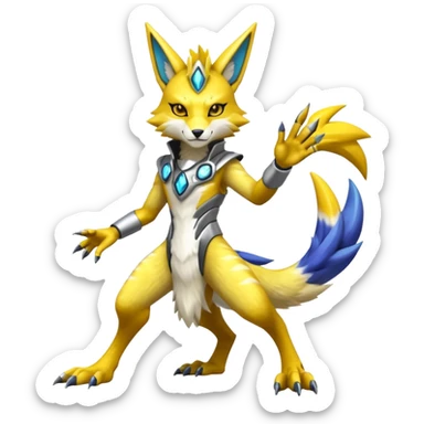 Modern anthropomorphic furry futuristic shiny colorful Lombax-Zeraora-Renamon-fusion (full body) sticker