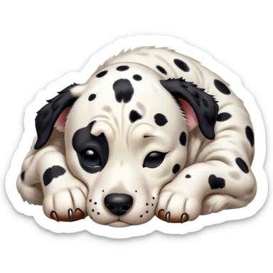 Meme-Worthy Cute Sleeping Spotted Dalmatian Portrait Emoji, Head resting peacefully with a contented smile, showcasing a delightfully majestic build and a luxuriously soft Fur of predominantly white with bold black patches, eyes shut in a serene nap, Simplified yet hilariously adorable features, highly detailed, glowing with a soft, drowsy light, high shine, relaxed and utterly lovable, stylized with an air of playful laziness, bright and heartwarming, soft glowing outline, capturing the essence of a comically sleepy guardian, so meme-worthy it feels like it could instantly become the next viral sensation of adorable slumber! sticker