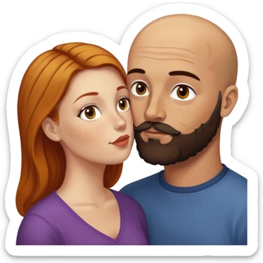 Couple. Bald man with dark brown-black beard. White woman with many small, faded freckles, she has white skin and she has auburn-yellow-brown-cinnamon, dark long hair. She has light brown eyes. The man have hazel eyes. Retro style. They kiss. sticker