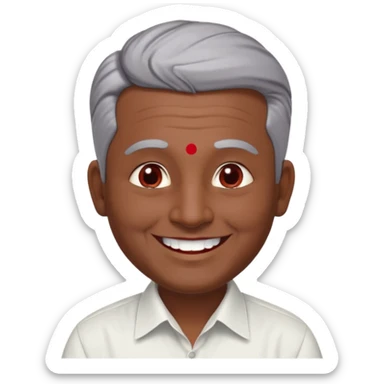 50 yr old indian man, dark skin, grey hair, big smile, white teeth, chubby, no moustache, clean shaven, young style hair, hair brushed back, 5 oclock shadow, bindy, dress shirt, forehead dot, chubby, religious, red dot, fancy hair, red dot sticker