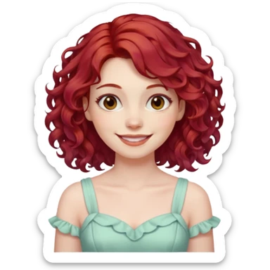 woman with shoulder length curly cherry red hair with brown eyes and pale skin smiling. pastel dress sticker