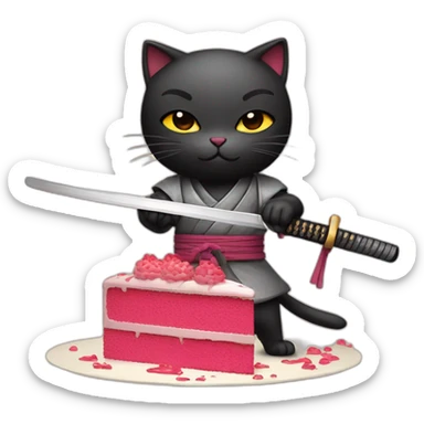 Ninja cat cuts a cake with a katana sticker