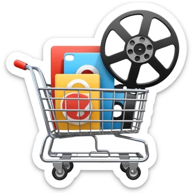 shopping cart with video play buttons and a film reel inside sticker