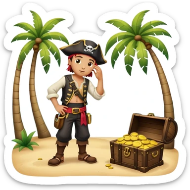 kid pirate with hand on forehead looking for something, one foot on treasure chest, palm trees in background sticker