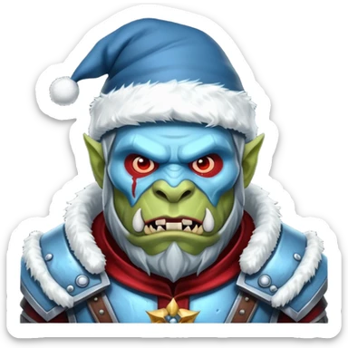 
Fantasy Christmas orc legion soldier icon, iron tundra army theme, heavy winter armor, disciplined brutal look, icy blue steel armor with deep crimson accents, frozen metal texture, cold winter atmosphere, male variant sticker