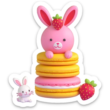 3D ios style macaron with strawberry and a bunny on top, yellow color sticker