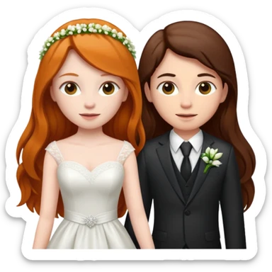 two girls getting married. one ginger with long hair in a suit. one dark haired brunette in a dress sticker
