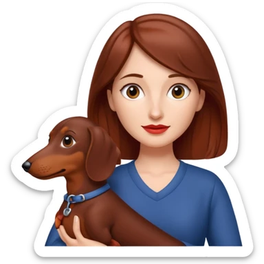 White woman with medium length brown hair holding a red dashound sticker