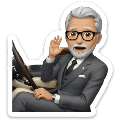 Professor Bentley Dyed black gray hair  frencb beard graying indian guy in suit sitting in a bentley car and screaming fraud. Older look around 60 yrs  with glasses slight balding sticker