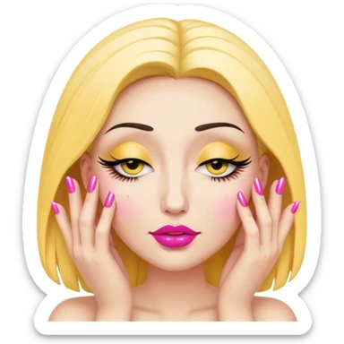 yellow nodding up and down face with stylized closed eyes, heavy false eyelashes, full lips, and two hands holding pink-painted long nails sticker