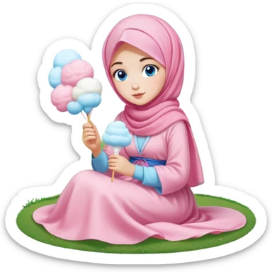 Turkish beautiful finish Konya girl blue eyes with cotton candy hijab long tail dress and sits on the grass on the ground and hold cotton candy on hand  sticker