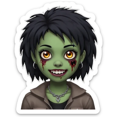 girl, zombie, black coily hair, medium long, emo, shaggy, dark, spooky,double eyebrow dermal piercing, cute illuminous smile sticker