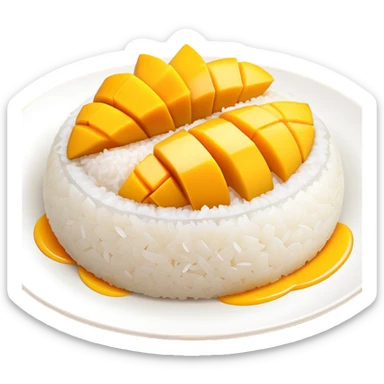 cinematic-realistic-mango-sticky-rice-dessert-emoji,-showcasing-sweet-sticky-rice-paired-with-ripe-mango-slices-and-coconut-milk-rendered-with-lifelike-detail-and-warm,-inviting-lighting sticker
