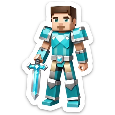 Minecraft character with diamond armor full body, blocky pixelated style sticker
