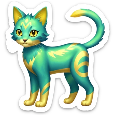 Shiny Iridescent Smooth Soft Glossy Green and Yellow Electrike-Lucretia-Luxray-Sprigatito-Bobcat-Amaura-Aurorus-Shiny-glorp-cat-fusion (full body) sticker