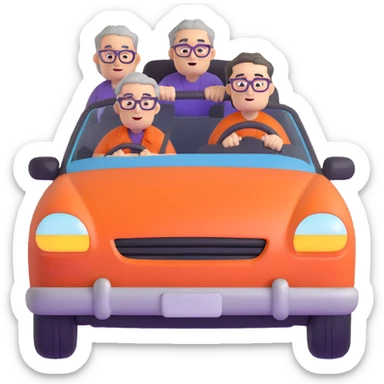 front view of an orange car with three people inside: driver male with chubby face, light stubble, purple shirt; front passenger middle-aged male with round face, gray hair, glasses, checkered shirt; rear passenger male with sharp face, black hair, glasses, black t-shirt sticker