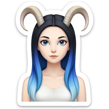 Art of a human white woman's very perfect body scheme anatomy-very long straight black to blue hair ombre-small goat horns-lean back sticker