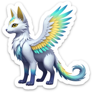 White Iridescent Colorful Exotic White, Gold, Yellow, Silver, Beaked Feathery Nocturnal Neon-glowing Abyssal Lightly Heaven-Cat-Gryphon-Suicune-Nargacuga-Silvally-Vernid-Sergal-Fakémon-Hybrid-Creature with tufted tail (full body) sticker