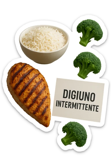 petto di pollo grigliato, bowl di riso basmati e broccoletti fluttuano in aria insieme ad un foglio con la scritta "DIGIUNO INTERMITTENTE", iperrealistico 4k sticker