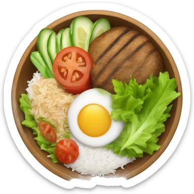 a wood bowl with rice in the middle, kebab, and salad sticker