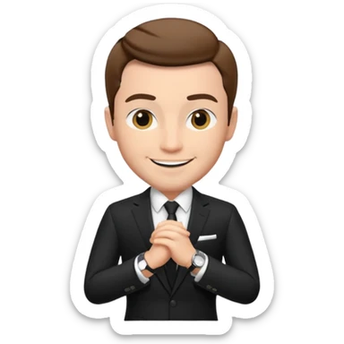 handsome male memoji, wearing a tailored black suit, luxury watch, confident smile, charismatic businessman vibe sticker